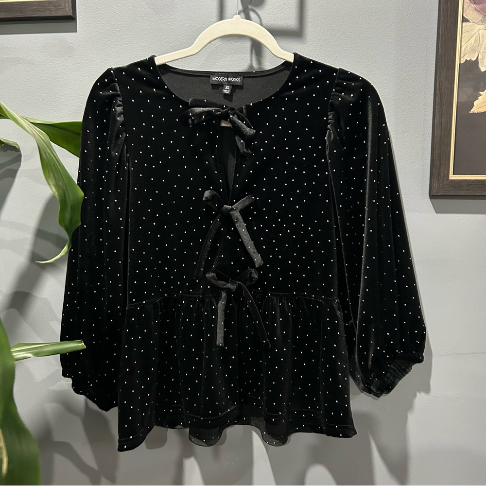 Modern Works Black Velvet Tie-Front Peplum Top Sz XS